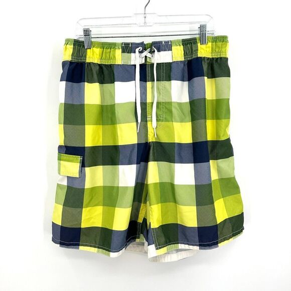 MOSSIMO Men's Green Yellow Plaid Mesh Lined Swim Trunks Shorts Size Large - Picture 1 of 4